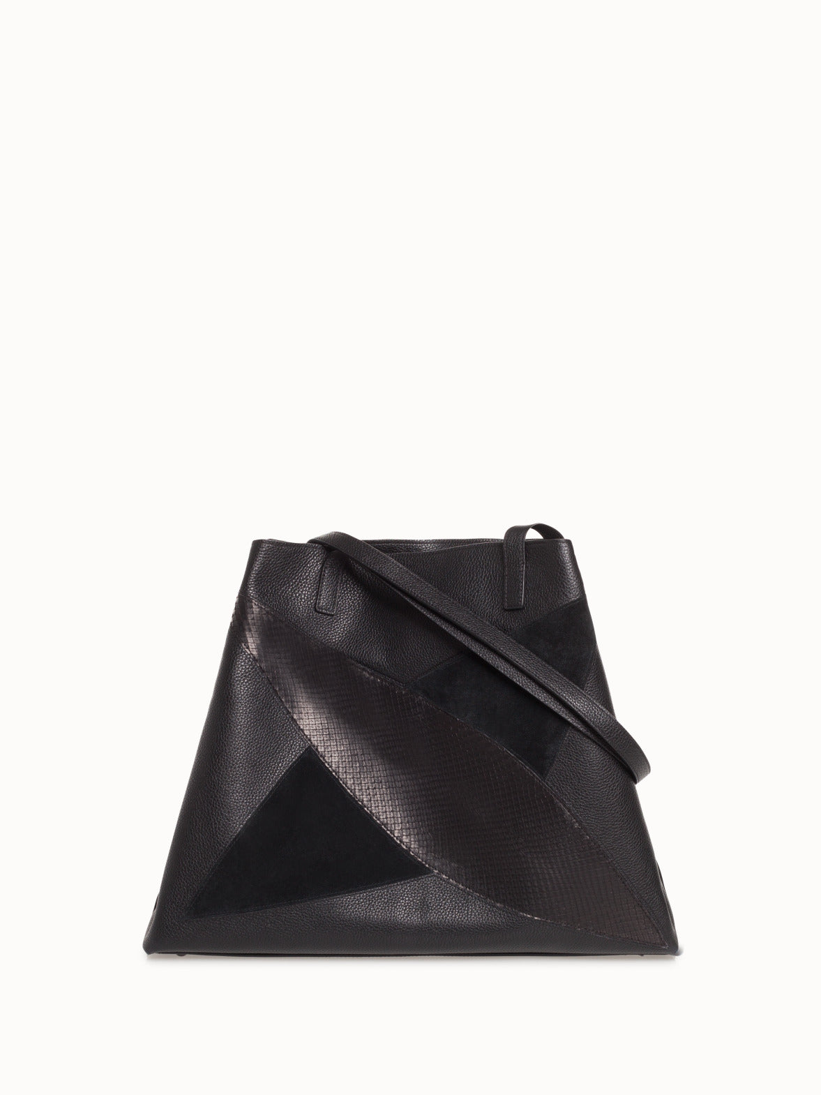 Medium Leather Handbag with Python Leather and Suede Diamond Pattern - black