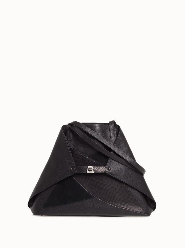 Medium Leather Handbag with Python Leather and Suede Diamond Pattern - black