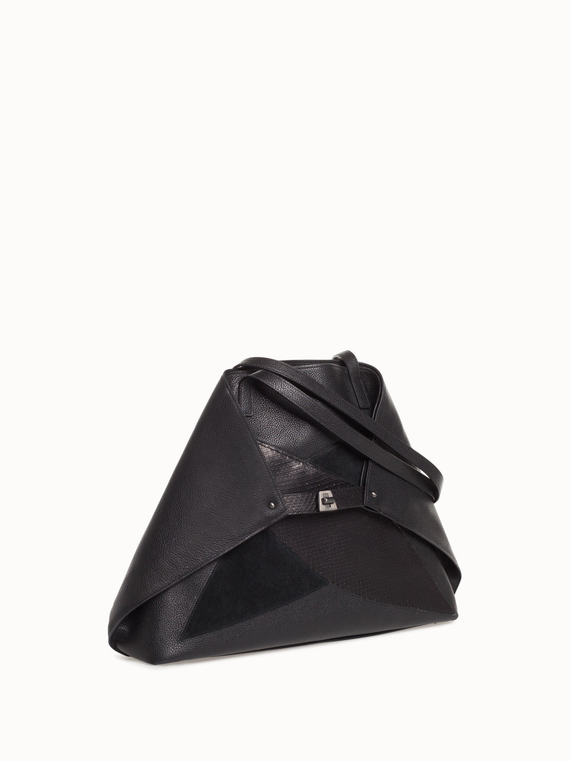 Medium Leather Handbag with Python Leather and Suede Diamond Pattern - black