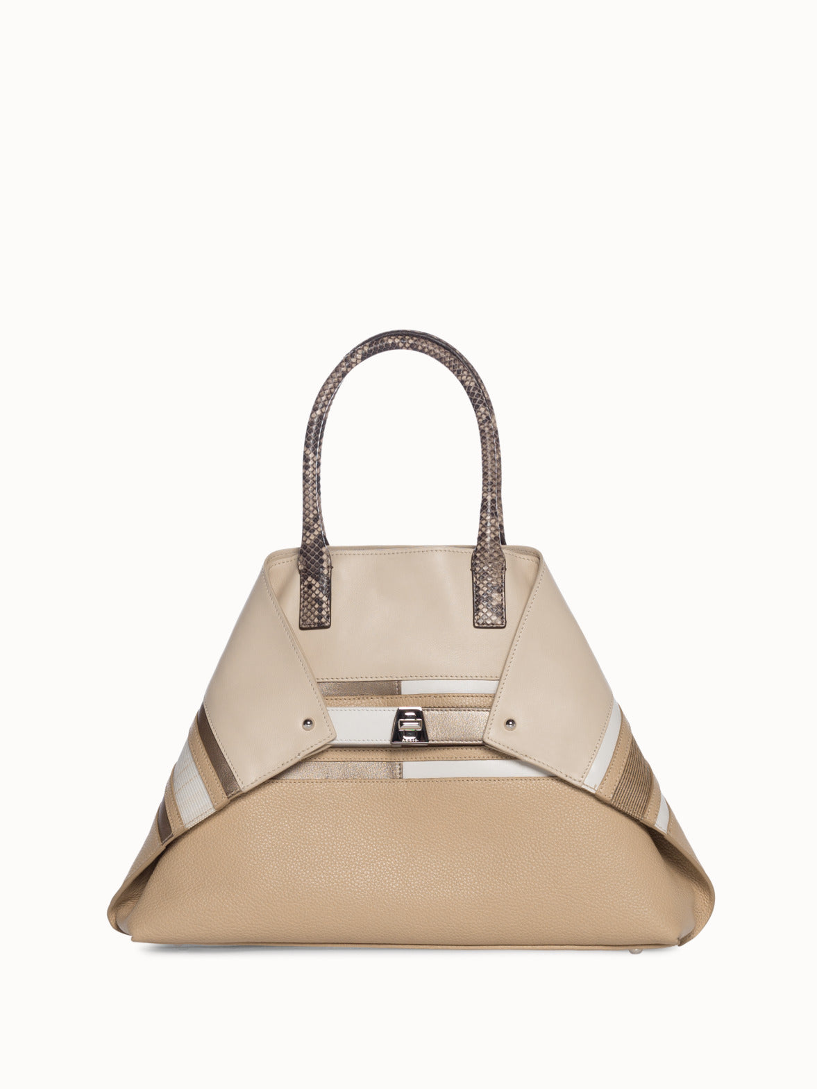 Small Shoulder Tote Bag with Stripes Details - brown - beige