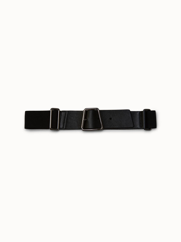 Leather and Elastic Belt with Trapezoid Buckle - black