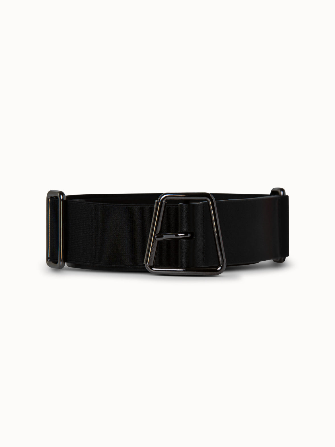 Leather and Elastic Belt with Trapezoid Buckle - black