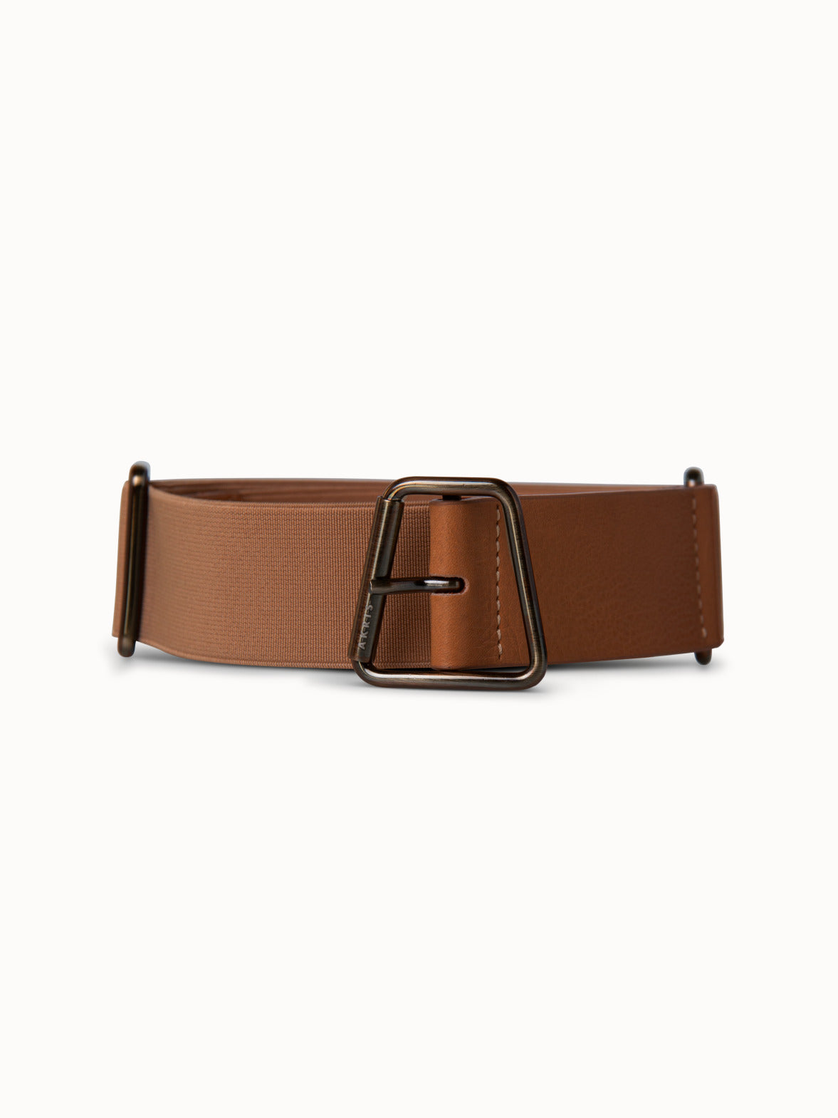Leather and Elastic Belt with Trapezoid Buckle - brown