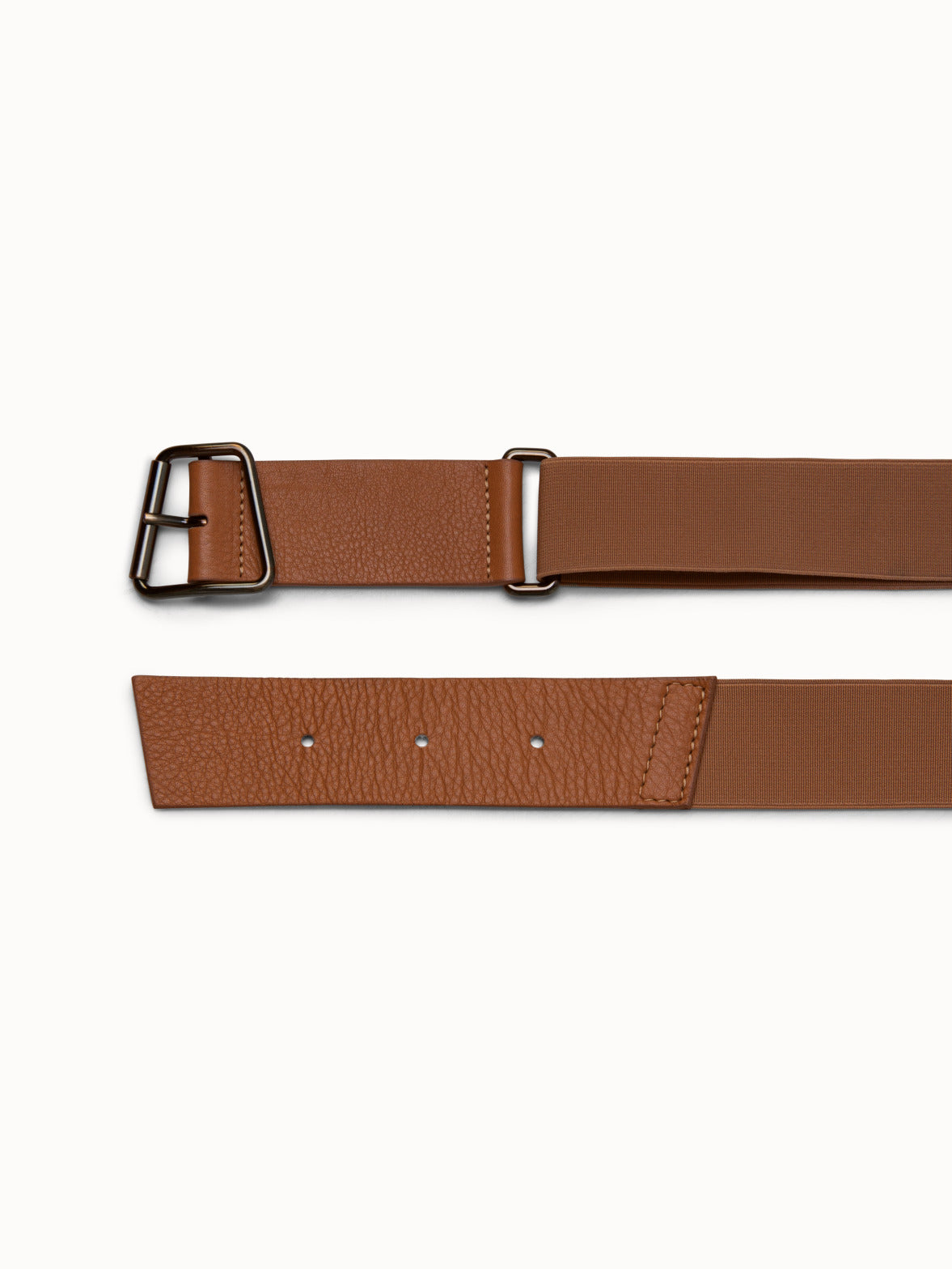 Leather and Elastic Belt with Trapezoid Buckle - brown