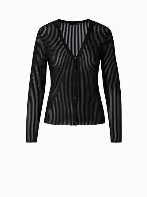 Striped Fitted V-Neck Silk Knit Cardigan