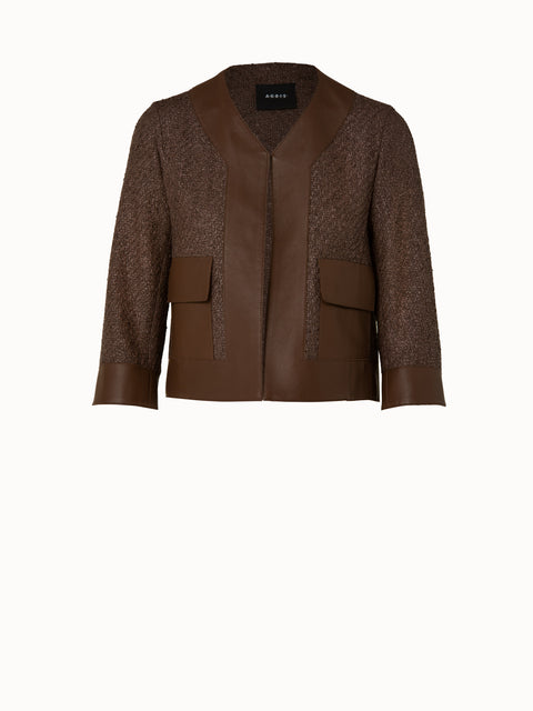 Wool Blend Structured Tweed Jacket with Leather Trim