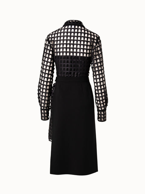 Trapezoid Grid Embroidery Tunic Dress with Apron Wrap