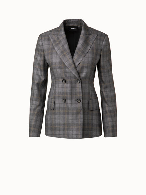 Checked Wool Silk Gabardine Double-Breasted Jacket