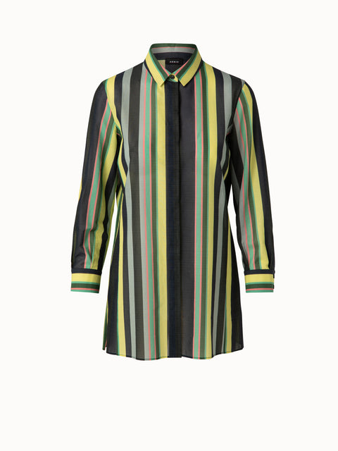 Cotton Voile Tunic Blouse with Polychromatic Stripes Print