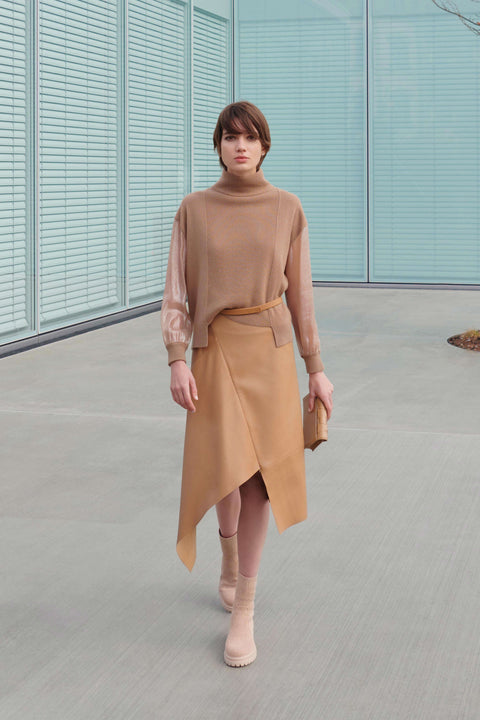 Asymmetrical Lamb Nappa Leather Midi Skirt