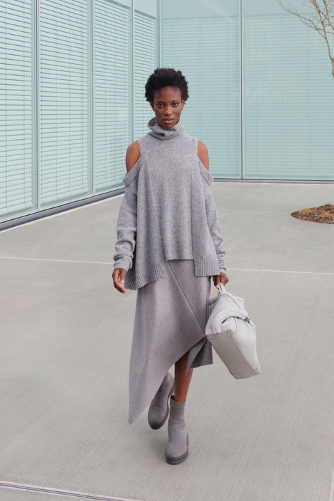 Asymmetrical Wool Stretch Flannel Midi Skirt