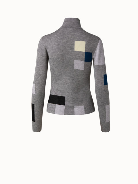 Cashmere Silk Intarsia Knit Fitted Mock Neck Pullover