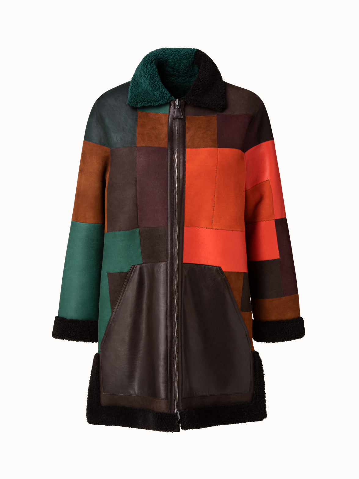 Patchwork shearling outlet coat