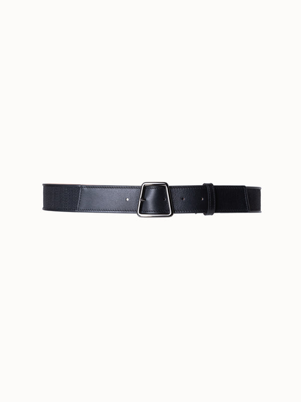 Leather and Horsehair Belt with Trapezoid Buckle - black
