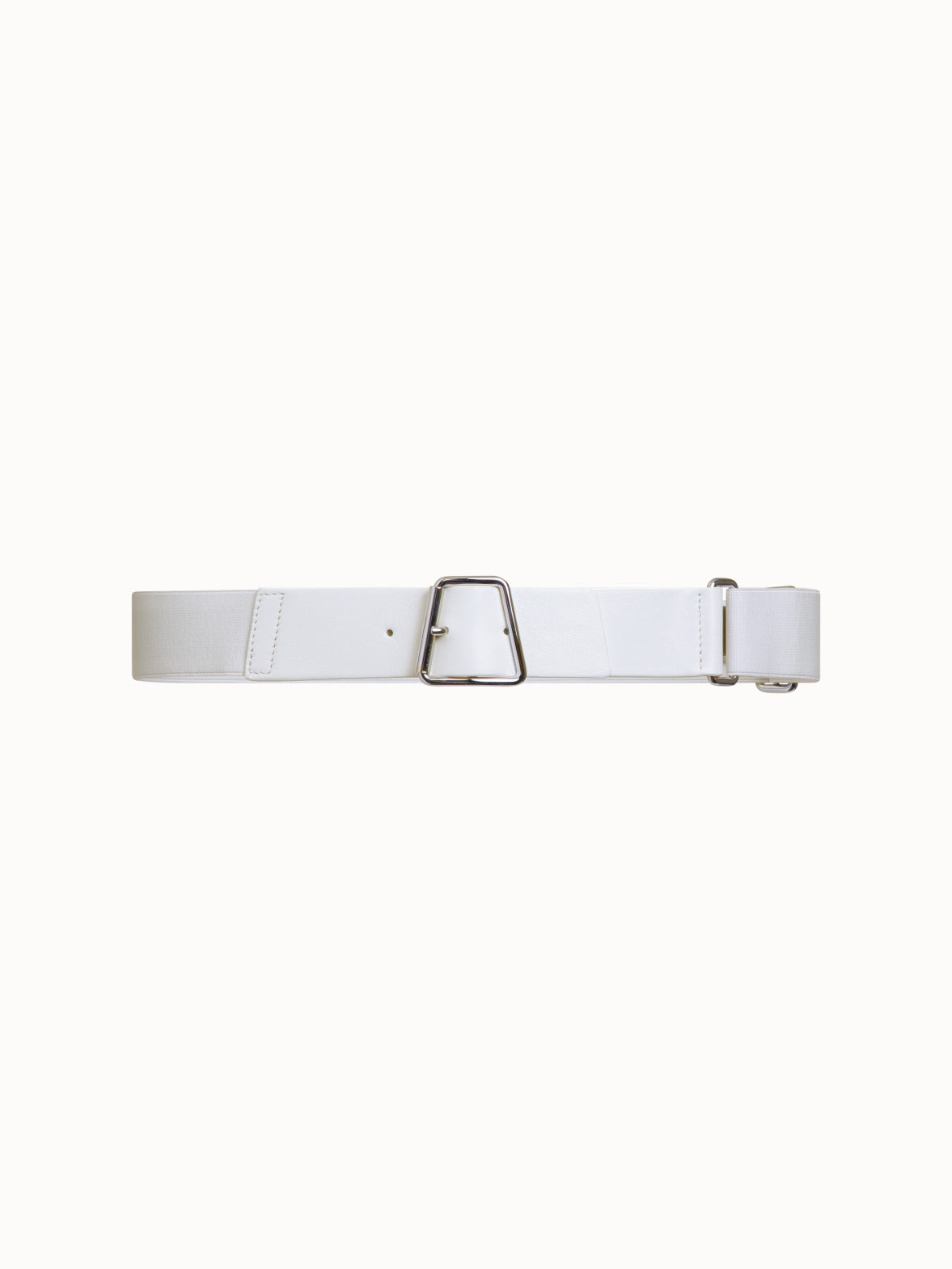 Leather and Elastic Belt with Trapezoid Buckle - ecru
