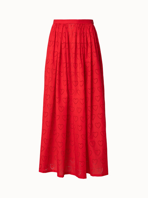 Cotton Poplin Long Skirt with Hearts Broderie Anglaise