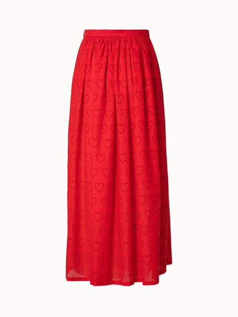 Cotton Poplin Long Skirt with Hearts Broderie Anglaise