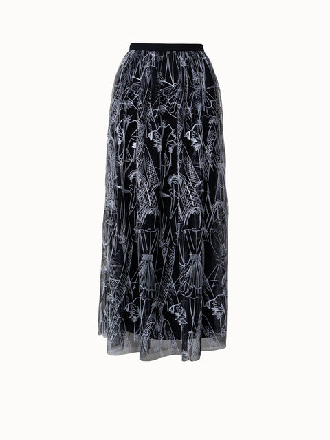 Techno Tulle Long Skirt with Croquis Embroidery