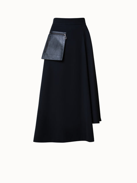 Wool Gabardine Asymmetrical Midi Skirt with Leather Pocket