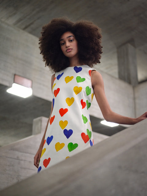 Cotton Silk Double-Face Sheath Dress with Hearts Print